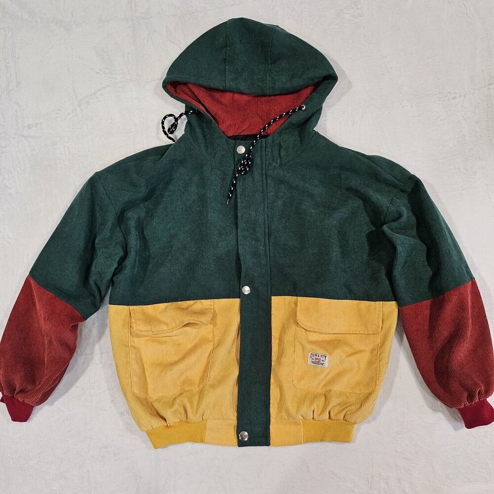 Zaful L Color Block Courduroy Hoodie Ribbed Jacket Snap Yellow Red Green Puff